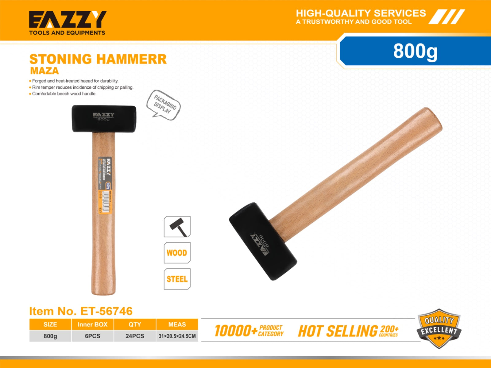 Stoning Hammer with Wooden Handle – Heavy Duty Masonry Hammer