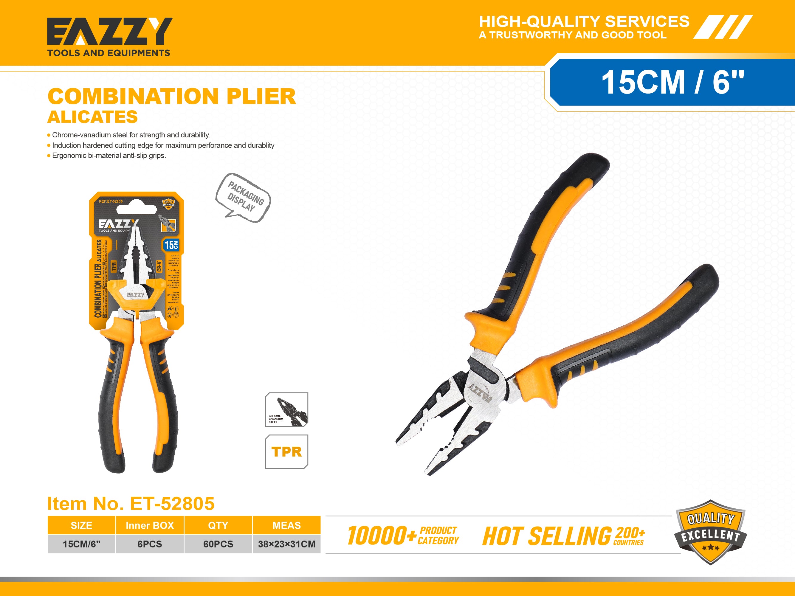 Combination Plier – Chrome Vanadium Steel, Ergonomic Anti-Slip TPR Grip