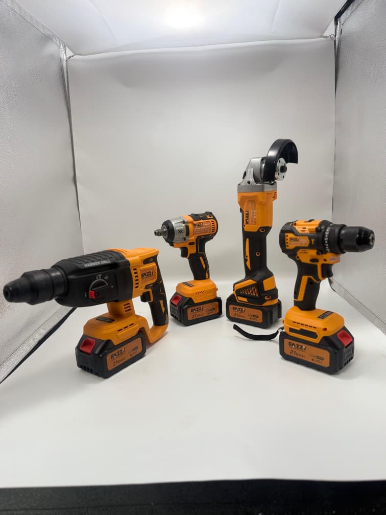 21V Cordless 4-Piece Power Tool Combo Kit – Rotary Hammer Drill, Impact Wrench, Angle Grinder & Drill Driver with Rechargeable Batteries