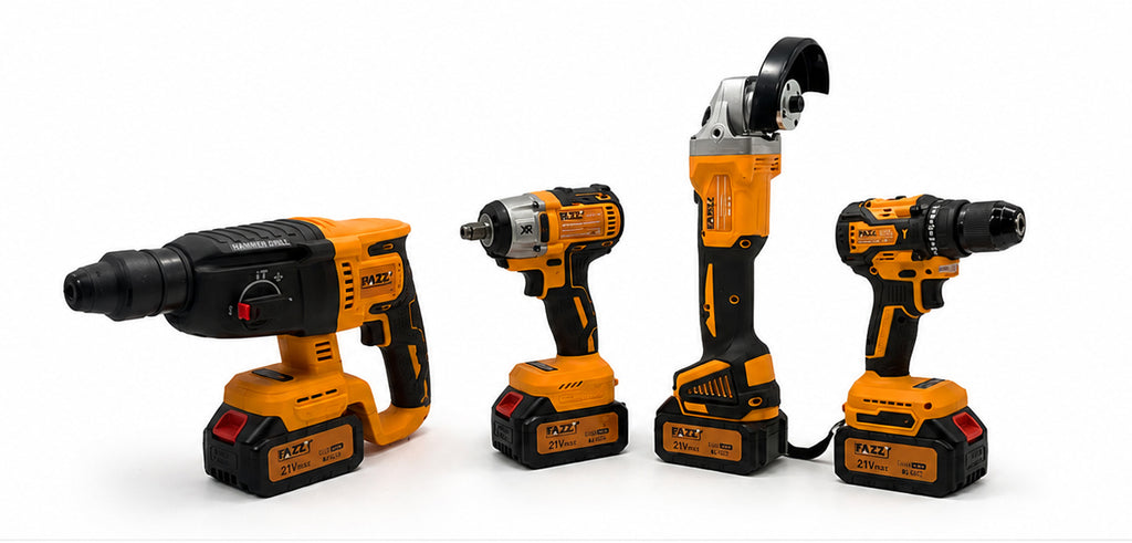 21V Cordless 4-Piece Power Tool Combo Kit – Rotary Hammer Drill, Impact Wrench, Angle Grinder & Drill Driver with Rechargeable Batteries