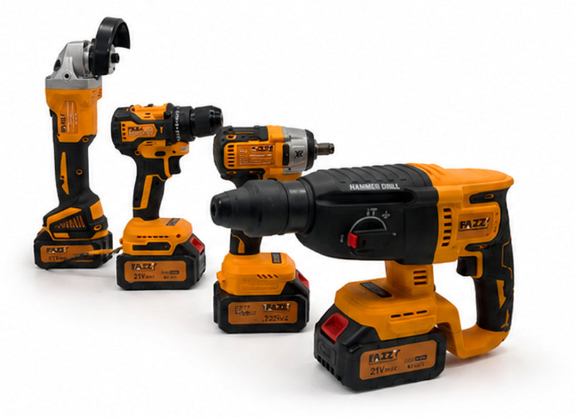 21V Cordless 4-Piece Power Tool Combo Kit – Rotary Hammer Drill, Impact Wrench, Angle Grinder & Drill Driver with Rechargeable Batteries