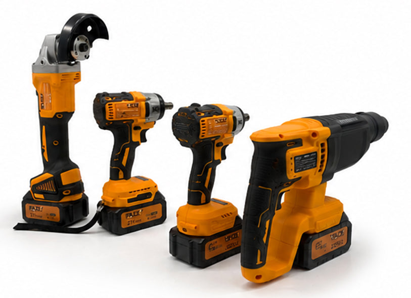 21V Cordless 4-Piece Power Tool Combo Kit – Rotary Hammer Drill, Impact Wrench, Angle Grinder & Drill Driver with Rechargeable Batteries